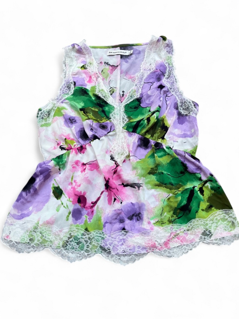 Rebecca Minkoff size S Floral Lace-Trim Sleeveless Top - Purple & Green